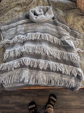 Gray Fringe Cowl Neck Poncho Sweater